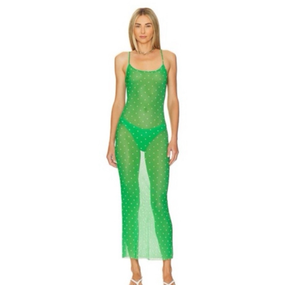 Green Sheer Maxi Dress with Polka Dots